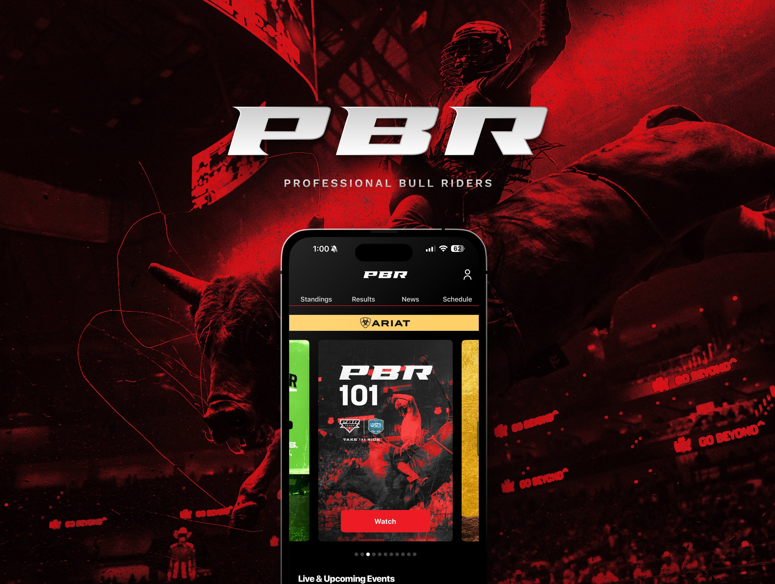 PBR app on iPhone in front of a bull rider
