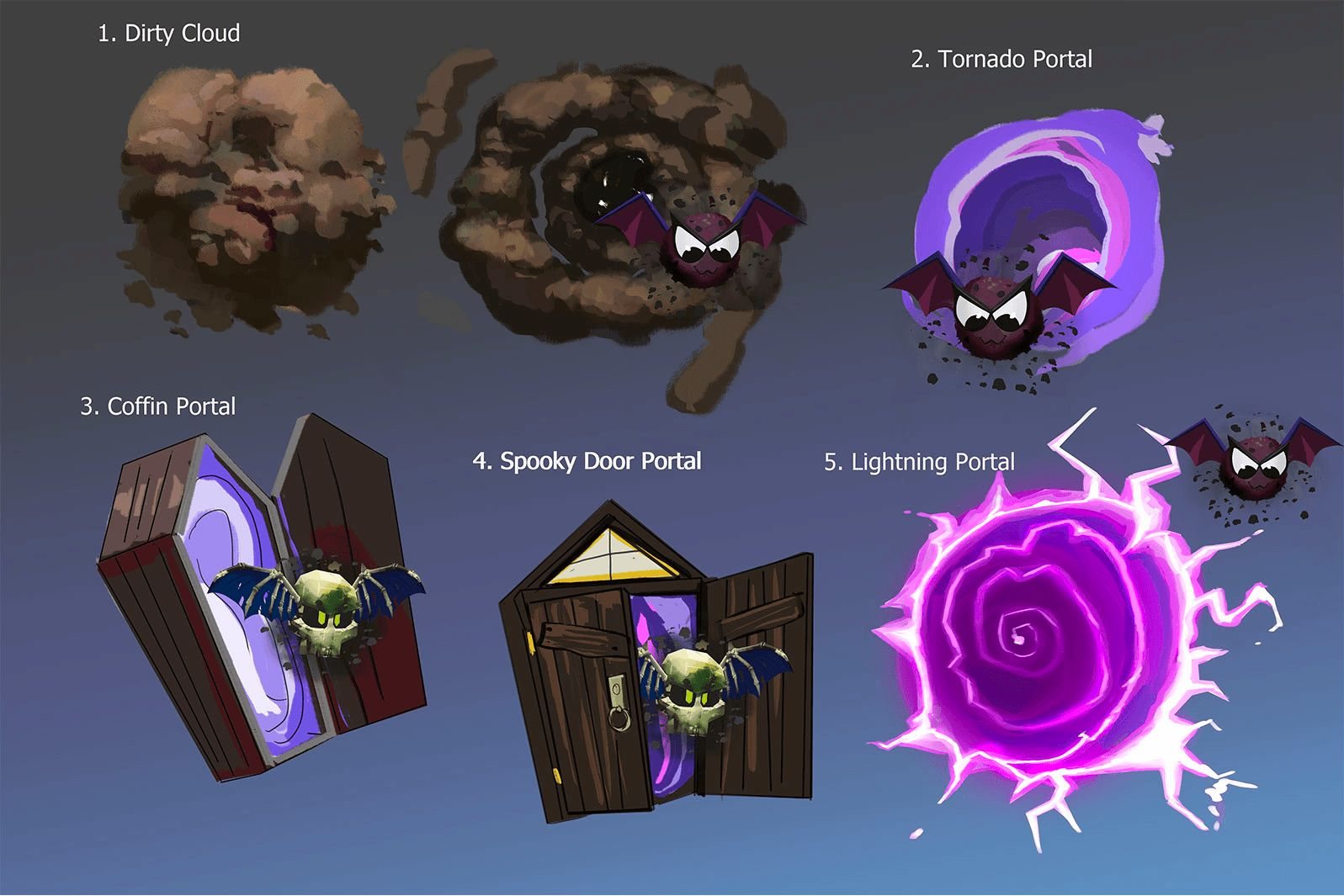 Enemy and portal concepts: dirty cloud, tornado portal, coffin portal, spooky door portal, lightning portal