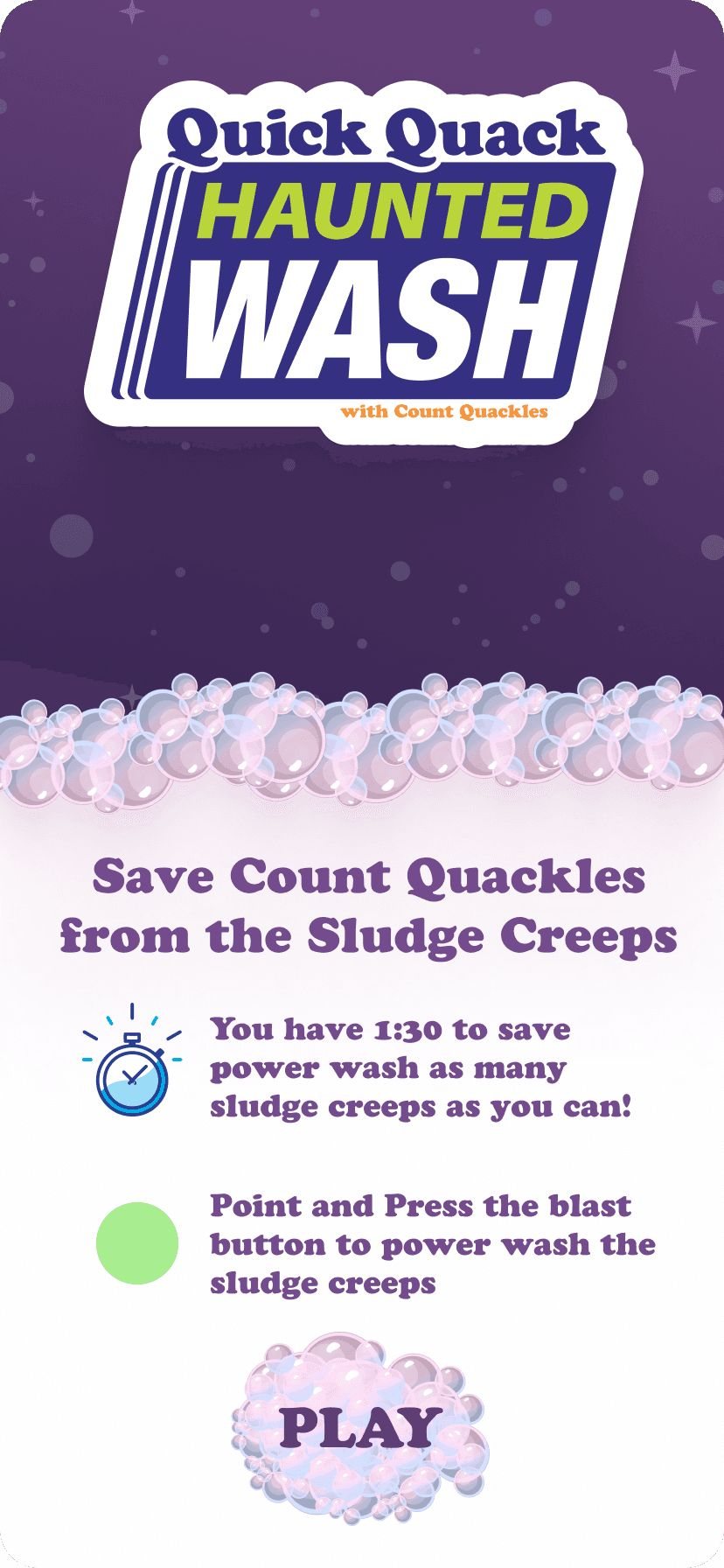 Haunted Wash start screen with instructions