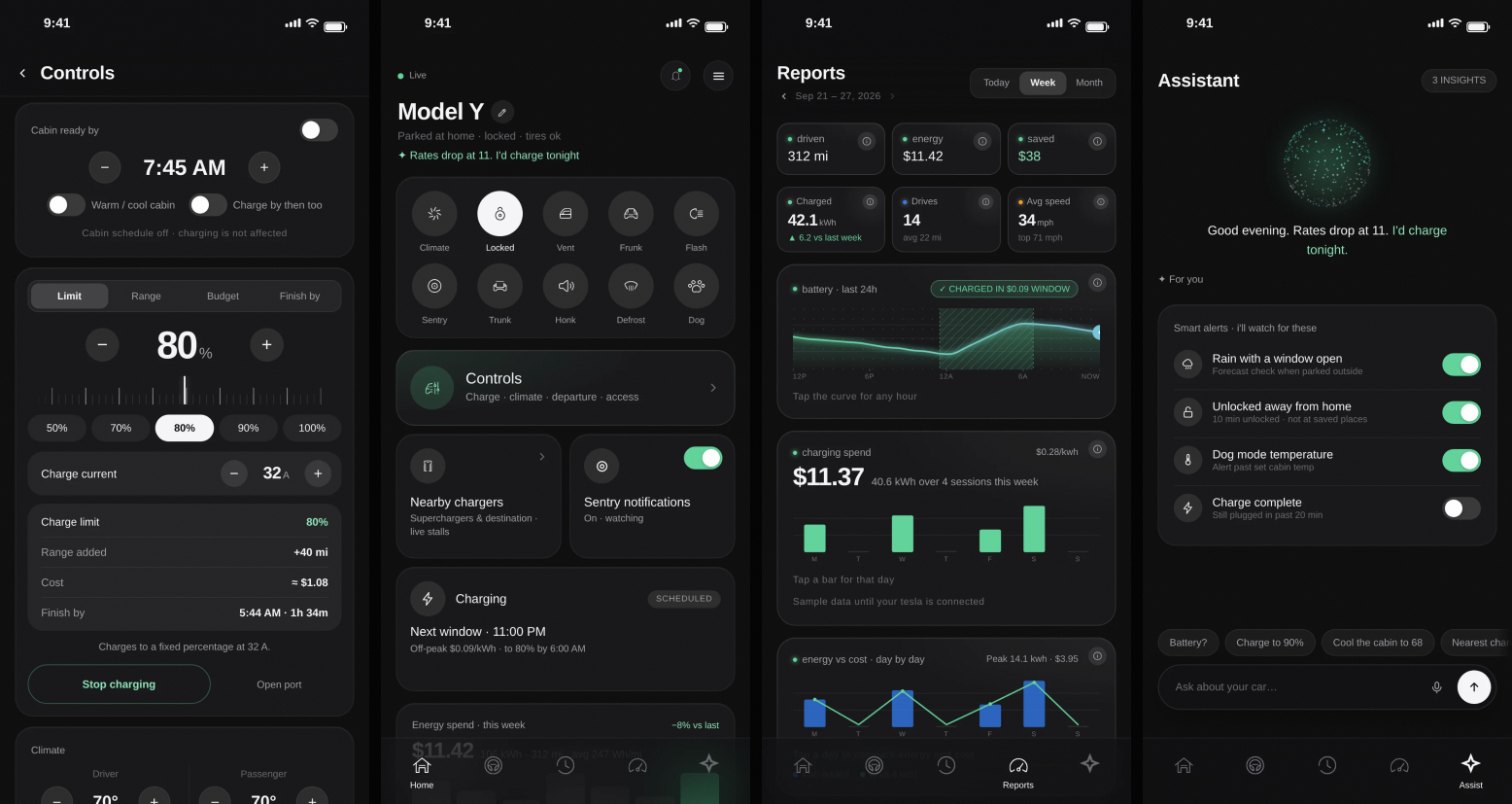 Volte app screens: Controls, Home, Reports, Assistant